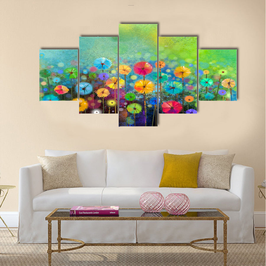 Abstract floral watercolor painting. Hand painted Yellow and Red flowers in soft color on green color background Multi panel canvas wall art