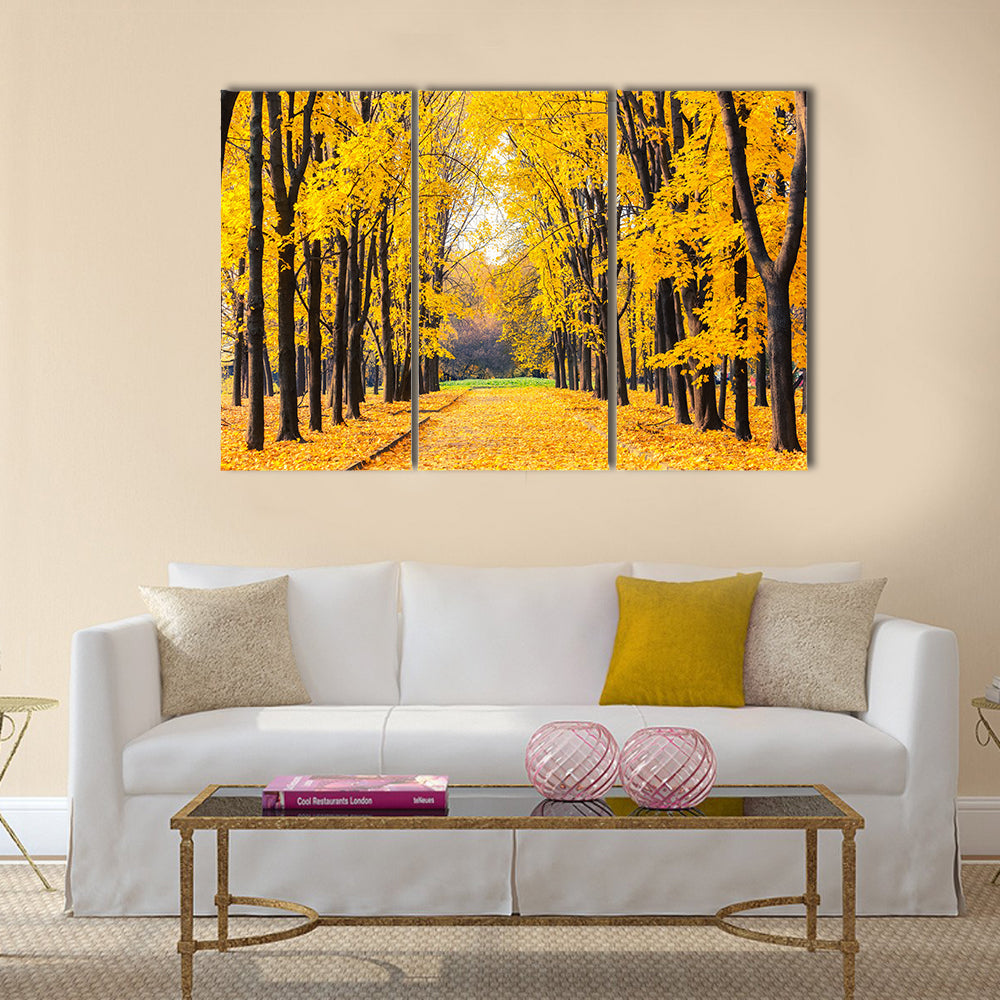 Alley in the bright autumn park Multi panel canvas wall art