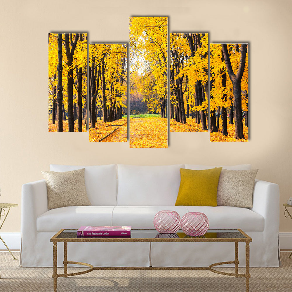 Alley in the bright autumn park Multi panel canvas wall art
