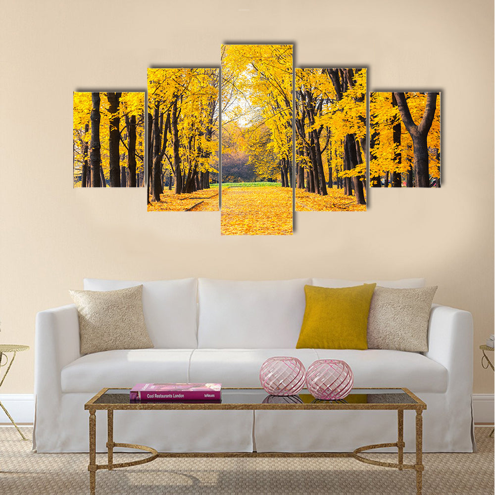 Alley in the bright autumn park Multi panel canvas wall art