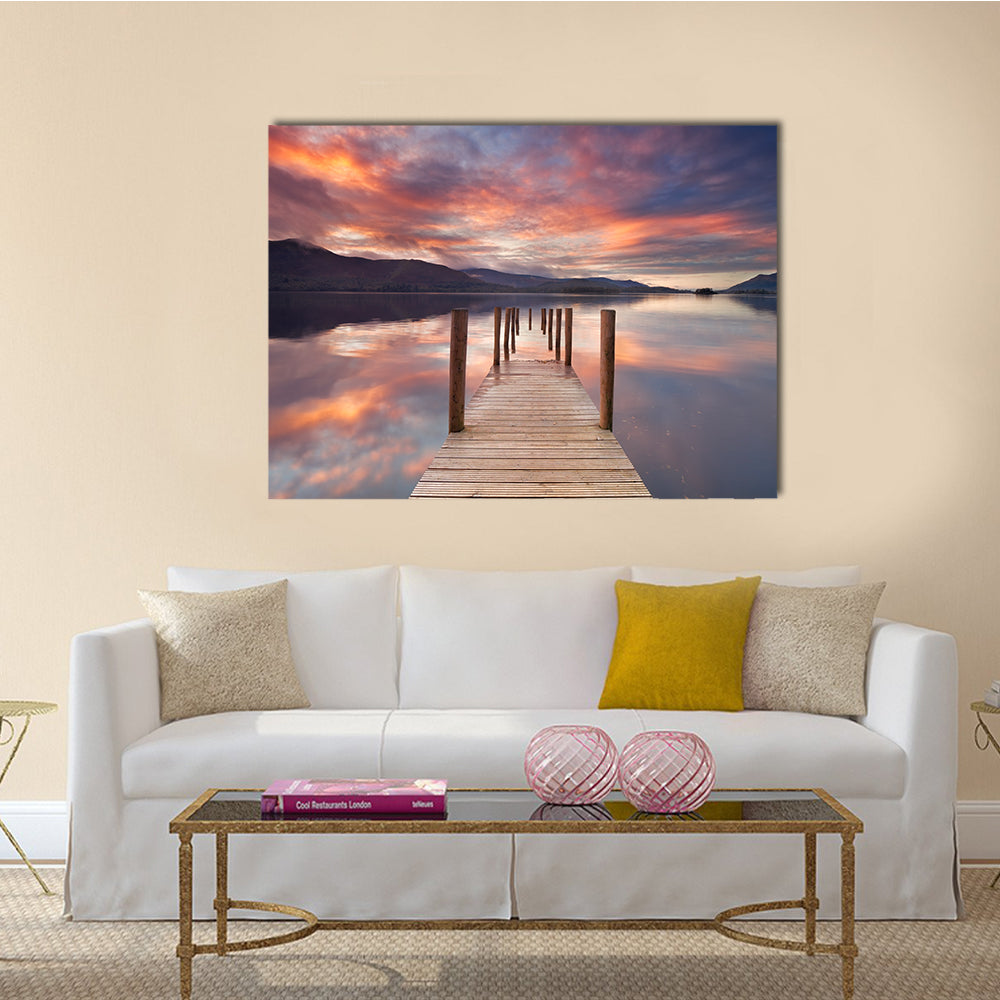 A flooded jetty in Derwent Water Lake District England multi panel canvas wall art