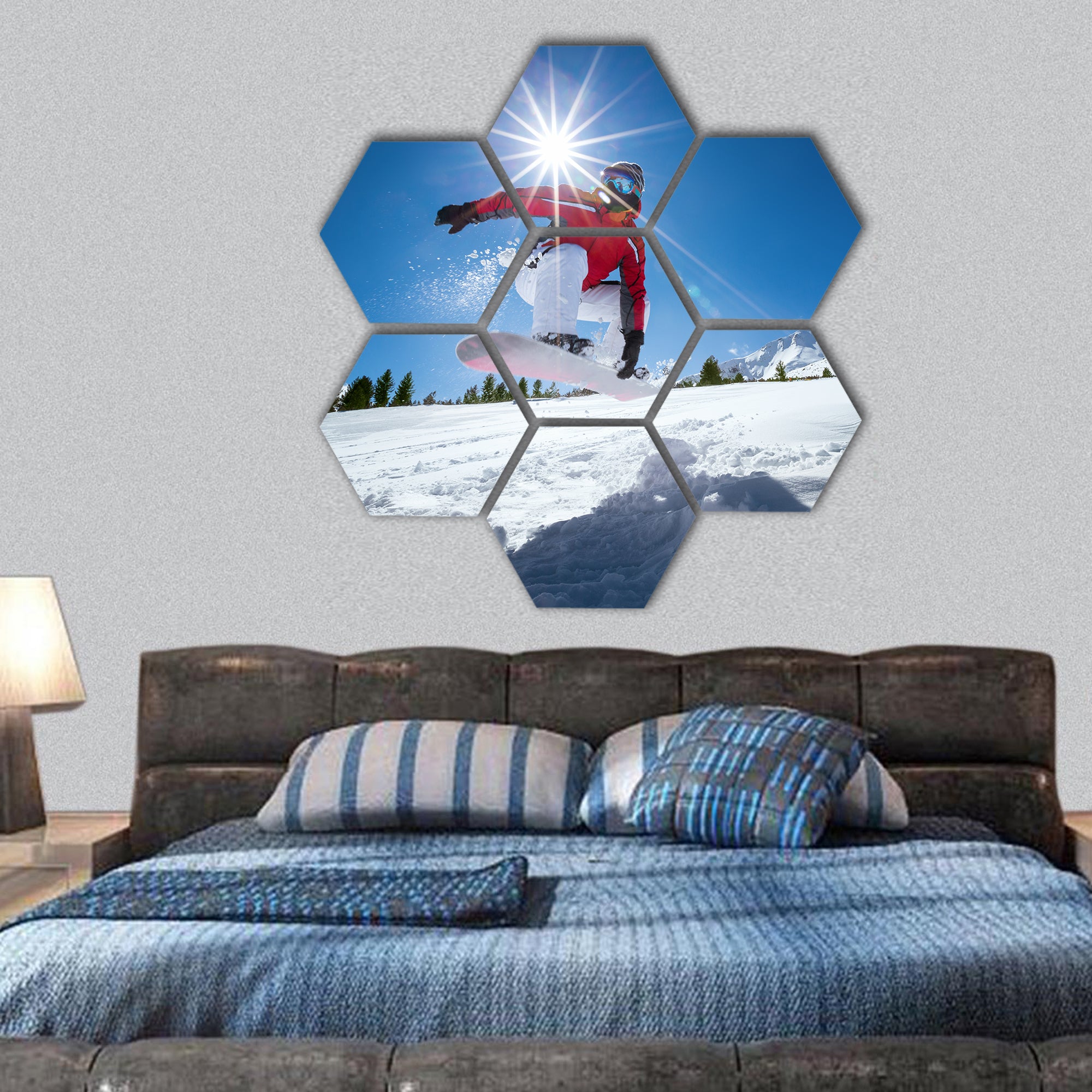 Snowboarder taking a jump in fresh snow hexagonal canvas wall art
