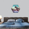 Spaceship crashed on blue field hexagonal canvas wall art