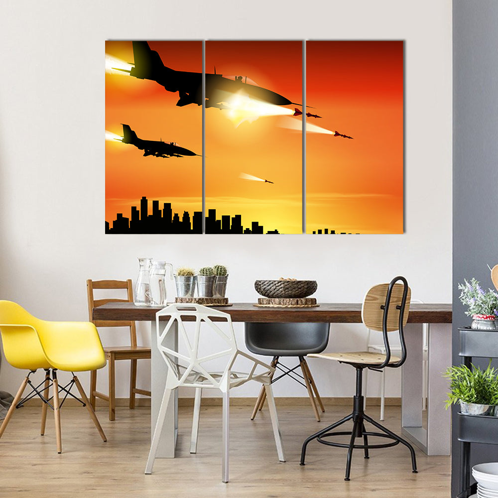 Military Jets Shooting At The Ground Multi Panel Canvas Wall Art