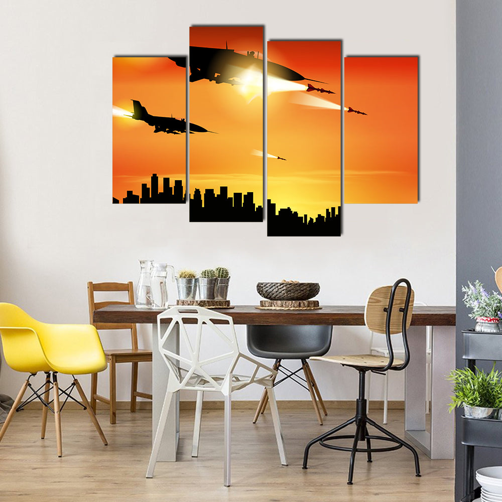 Military Jets Shooting At The Ground Multi Panel Canvas Wall Art