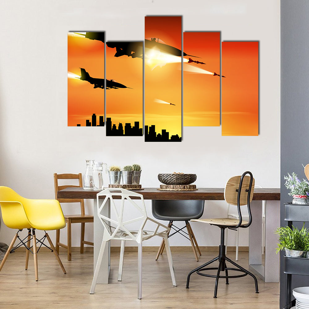 Military Jets Shooting At The Ground Multi Panel Canvas Wall Art