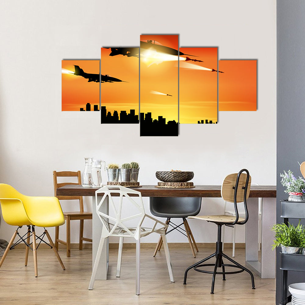 Military Jets Shooting At The Ground Multi Panel Canvas Wall Art