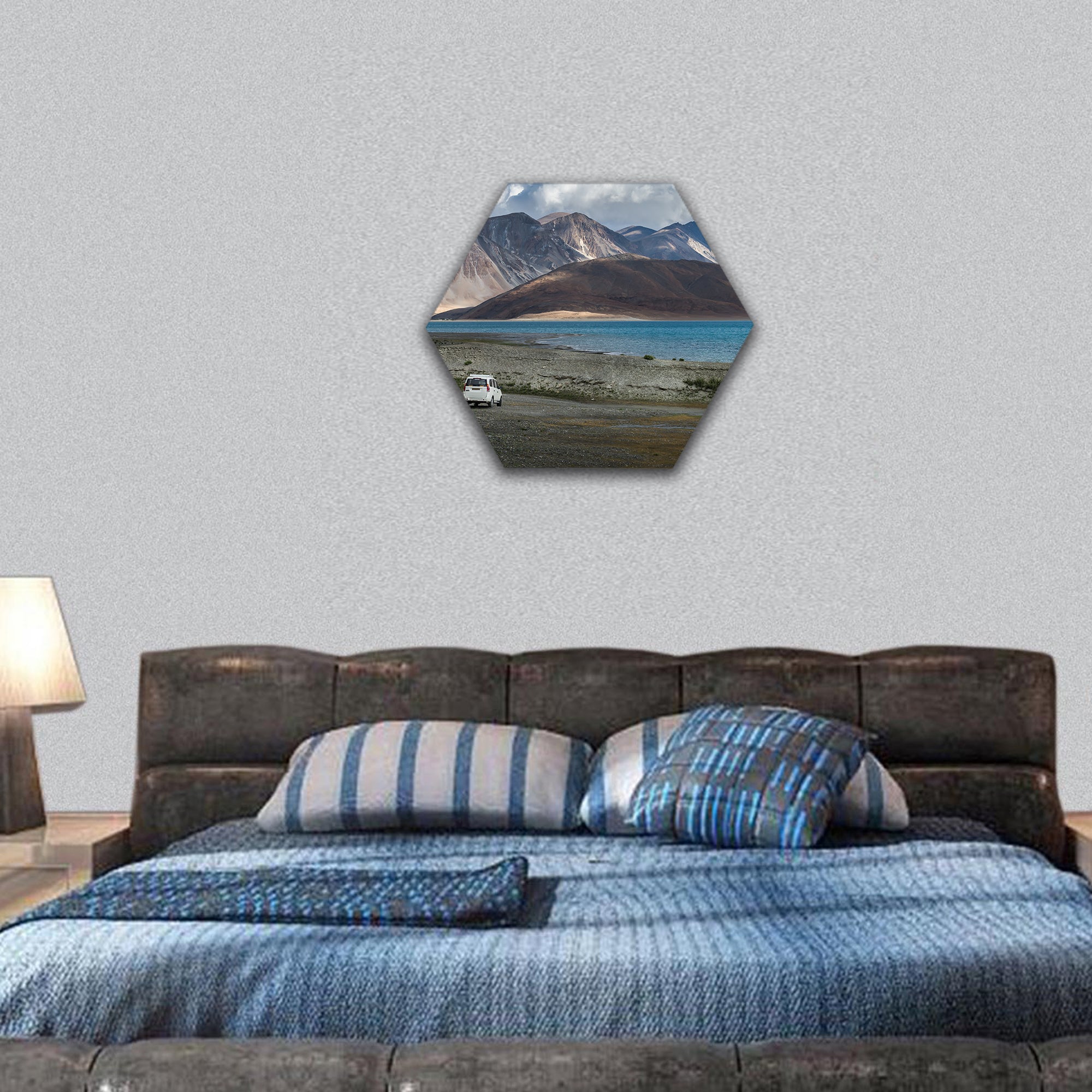 beauty view of white car at Pangong lake hexagonal canvas wall art