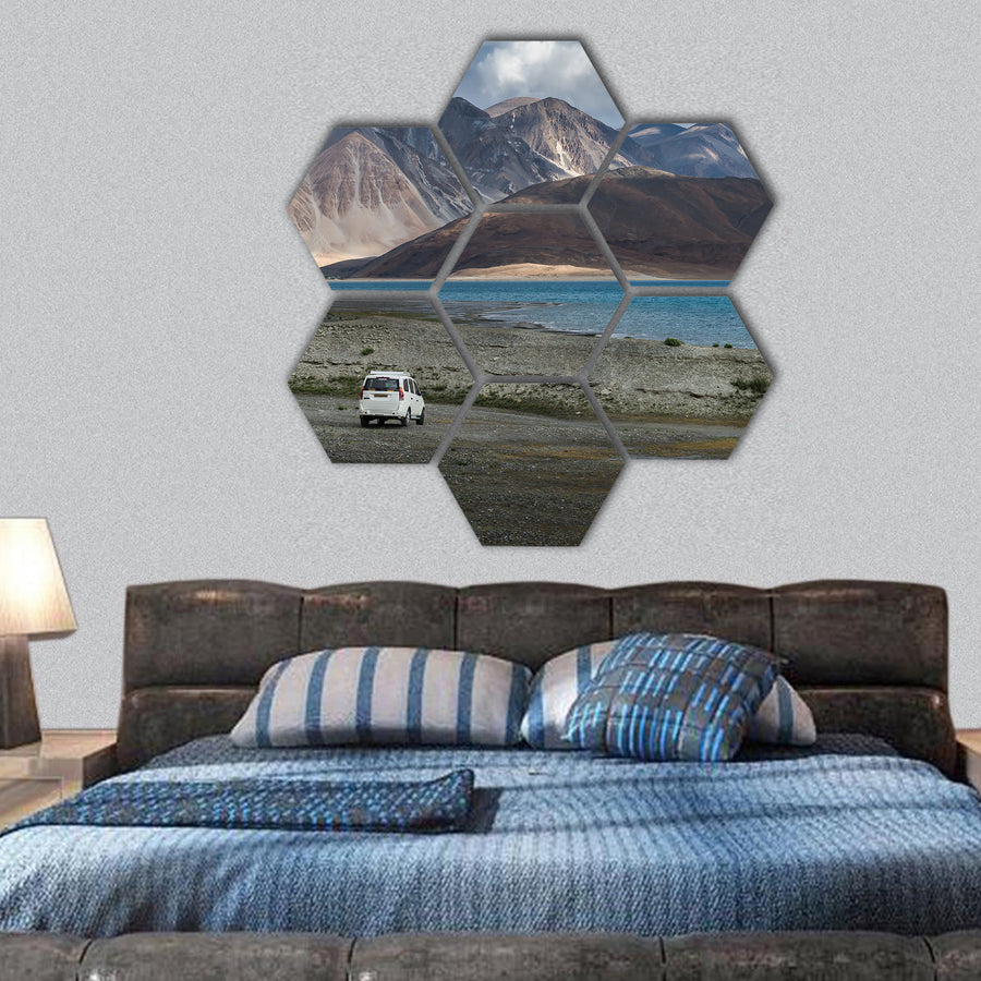 beauty view of white car at Pangong lake hexagonal canvas wall art