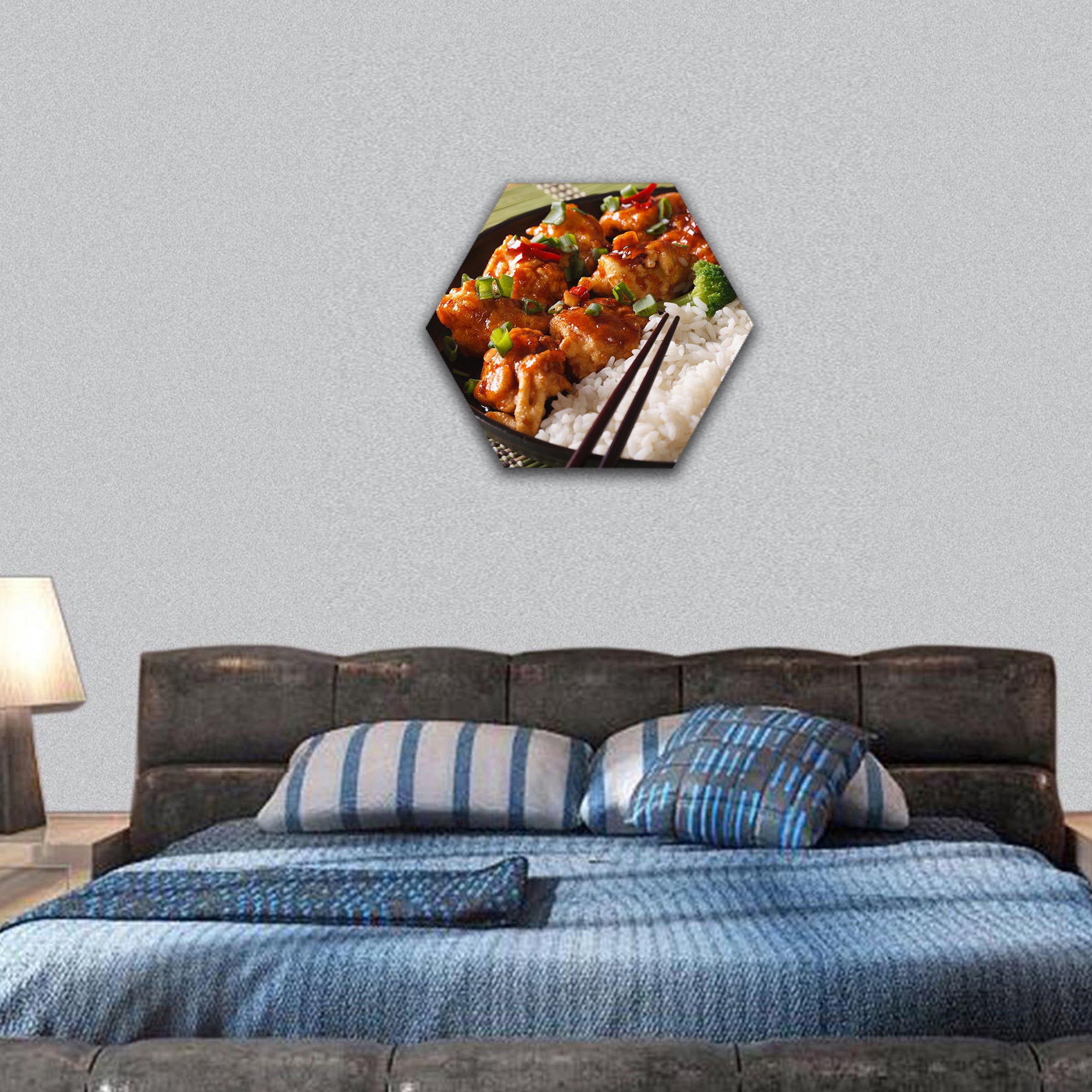 Chicken to with rice and broccoli close-up on a plate hexagonal canvas wall art