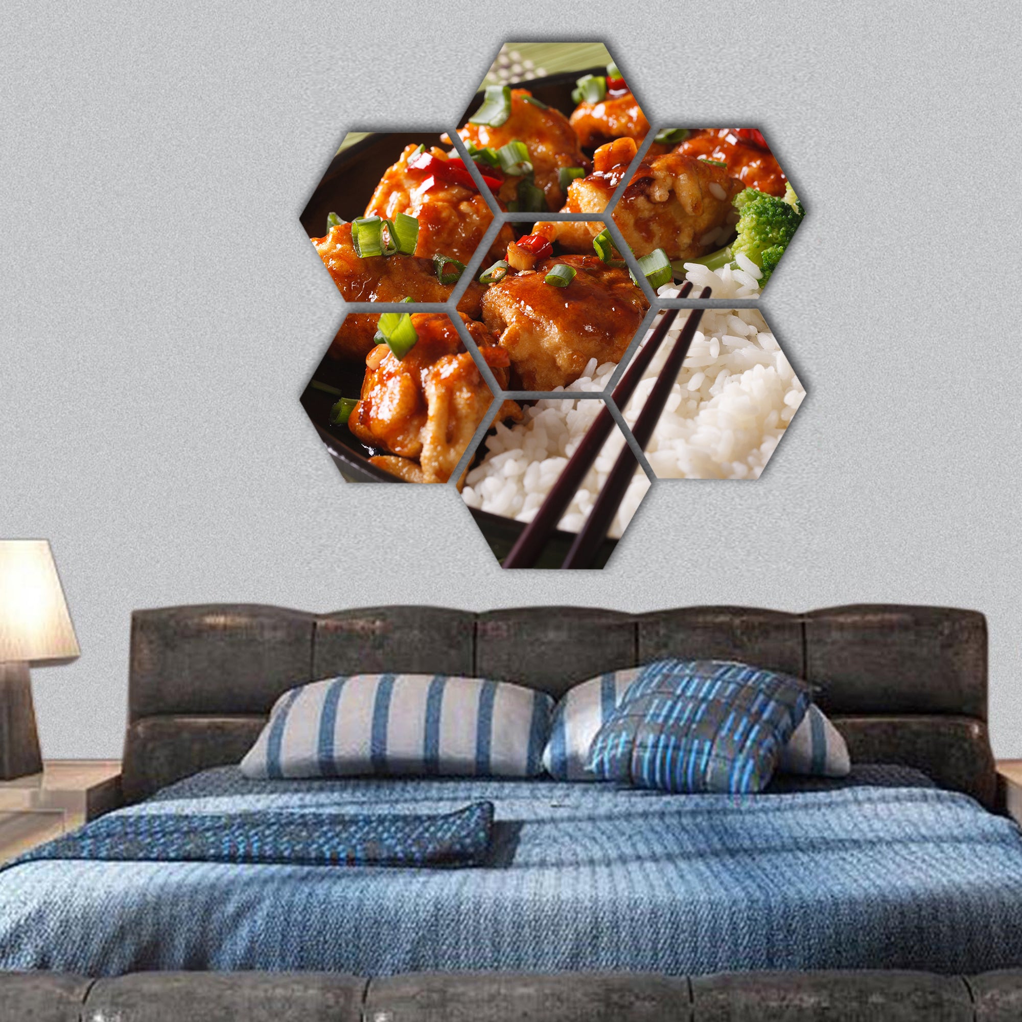 Chicken to with rice and broccoli close-up on a plate hexagonal canvas wall art