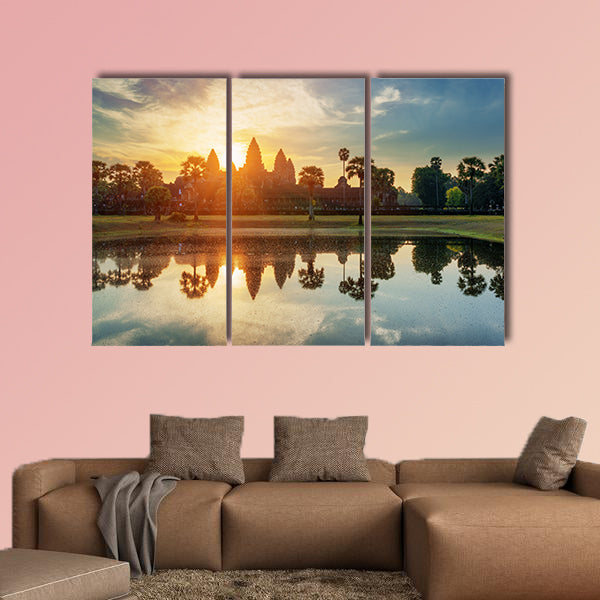 Towers of ancient temple complex Angkor Wat at sunrise. Siem canvas wall art