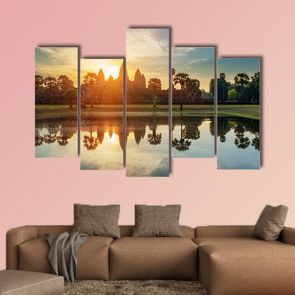 Towers of ancient temple complex Angkor Wat at sunrise. Siem canvas wall art
