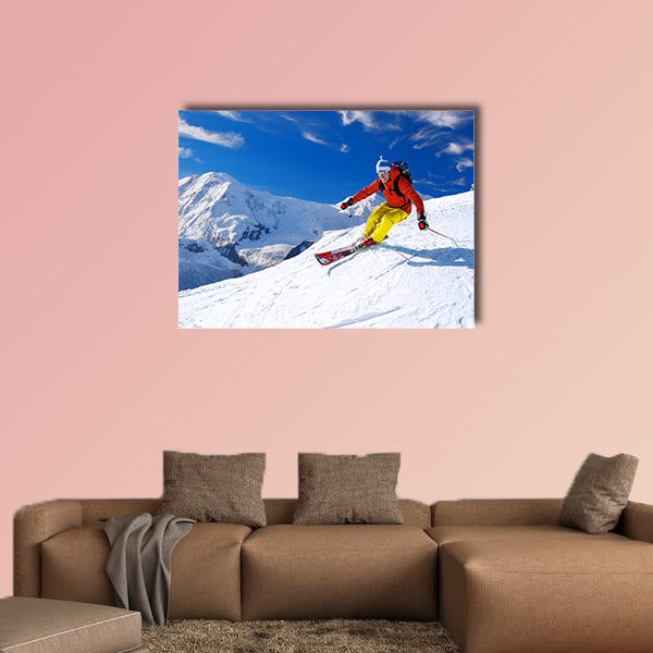 Skier skiing downhill in high mountains, Matterhorn area, Switzerland Multi panel canvas wall art