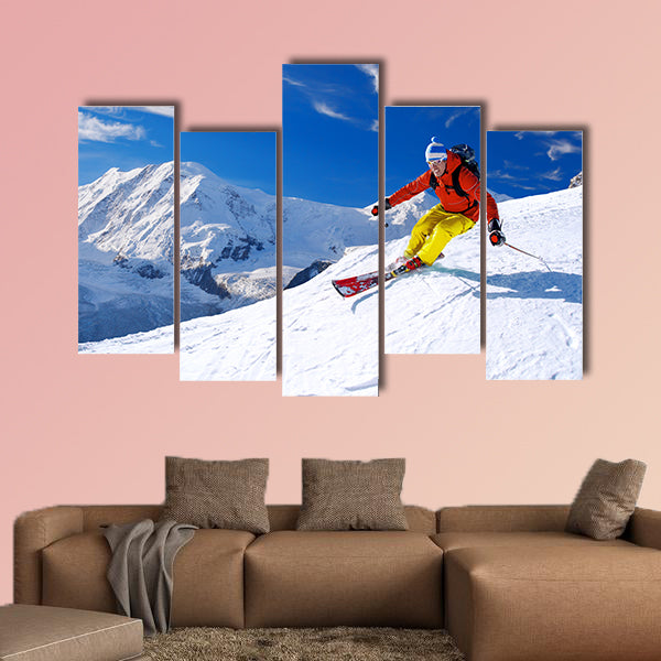 Skier skiing downhill in high mountains, Matterhorn area, Switzerland Multi panel canvas wall art