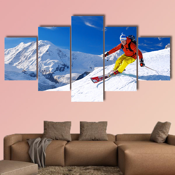 Skier skiing downhill in high mountains, Matterhorn area, Switzerland Multi panel canvas wall art