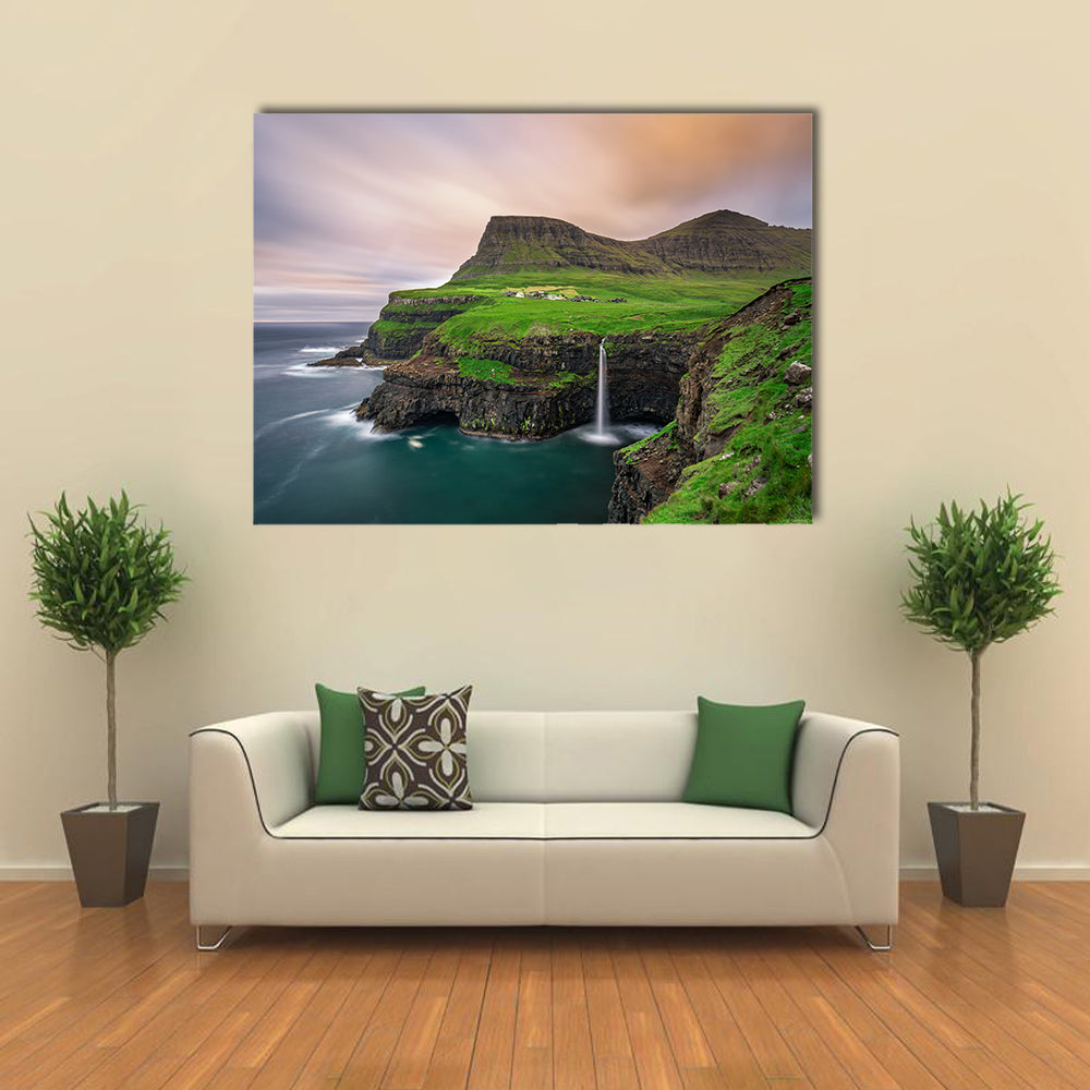 Gasaduler Village Giving Cool Scene Of An Iconic Waterfall In Faroe Island, Denmark, Multi Panel Canvas Wall Art