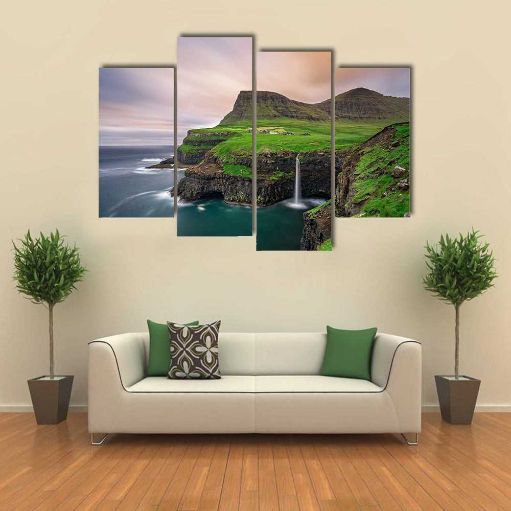 Gasaduler Village Giving Cool Scene Of An Iconic Waterfall In Faroe Island, Denmark, Multi Panel Canvas Wall Art