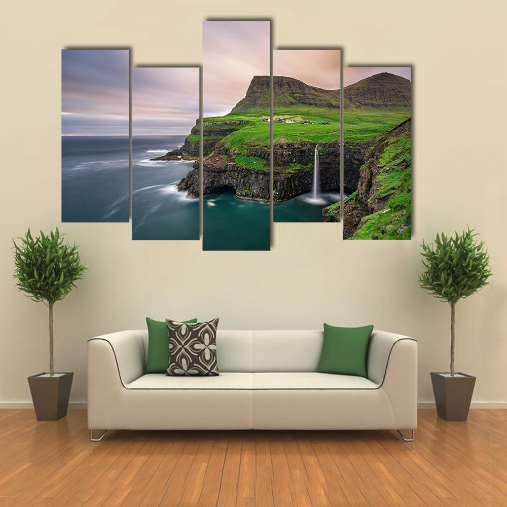 Gasaduler Village Giving Cool Scene Of An Iconic Waterfall In Faroe Island, Denmark, Multi Panel Canvas Wall Art
