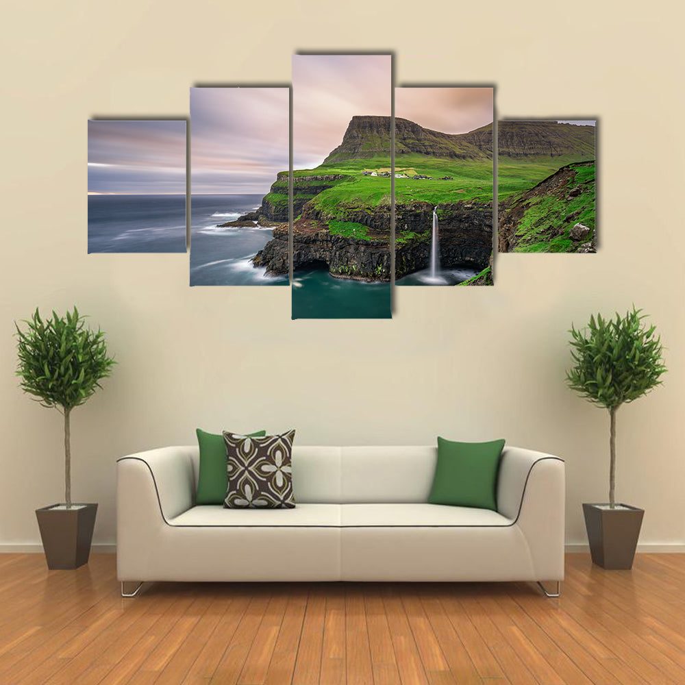Gasaduler Village Giving Cool Scene Of An Iconic Waterfall In Faroe Island, Denmark, Multi Panel Canvas Wall Art