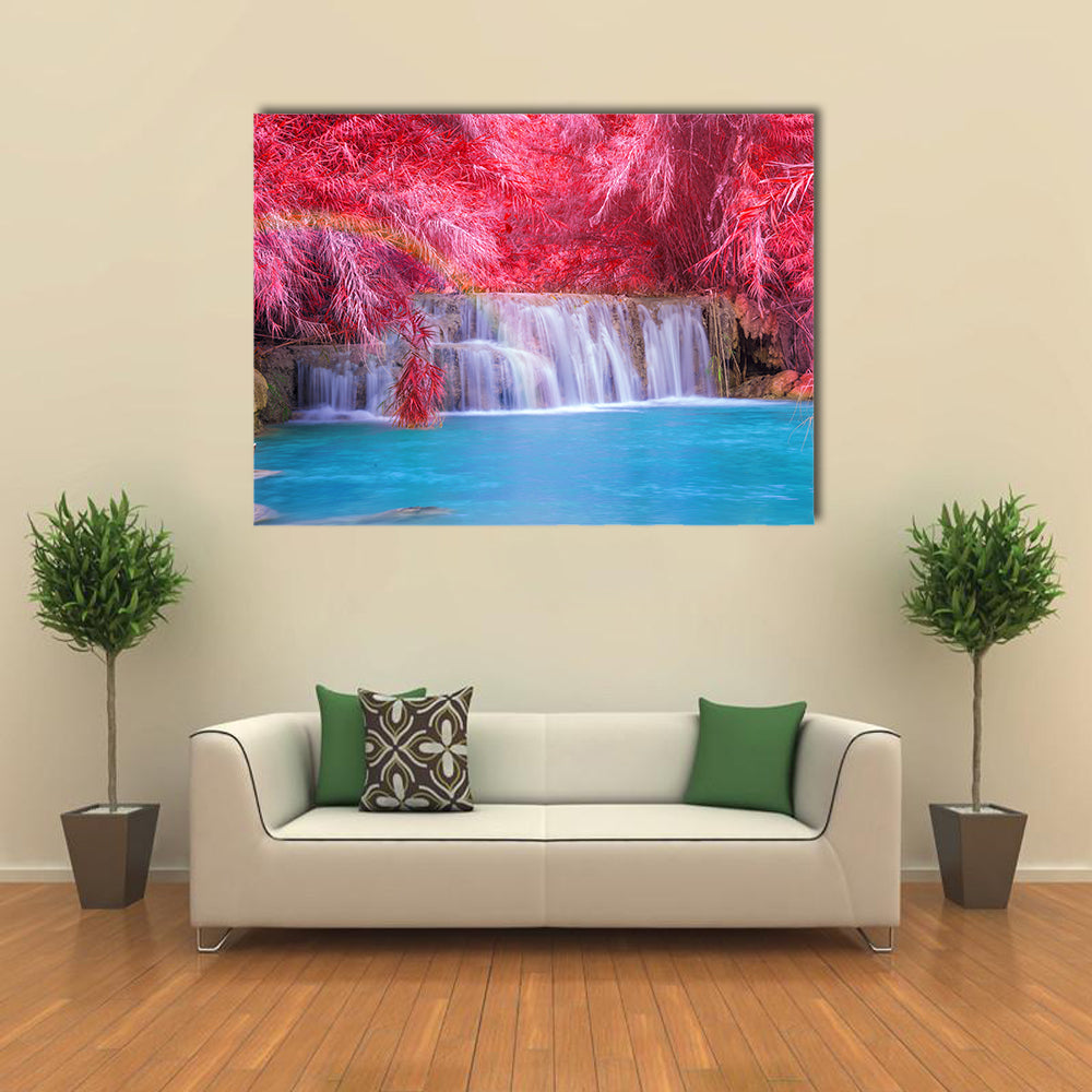 Rainfall On A Forest,Tat Kuang Si Waterfalls At Luang prabang, Laos Multi Panel Canvas Wall Art