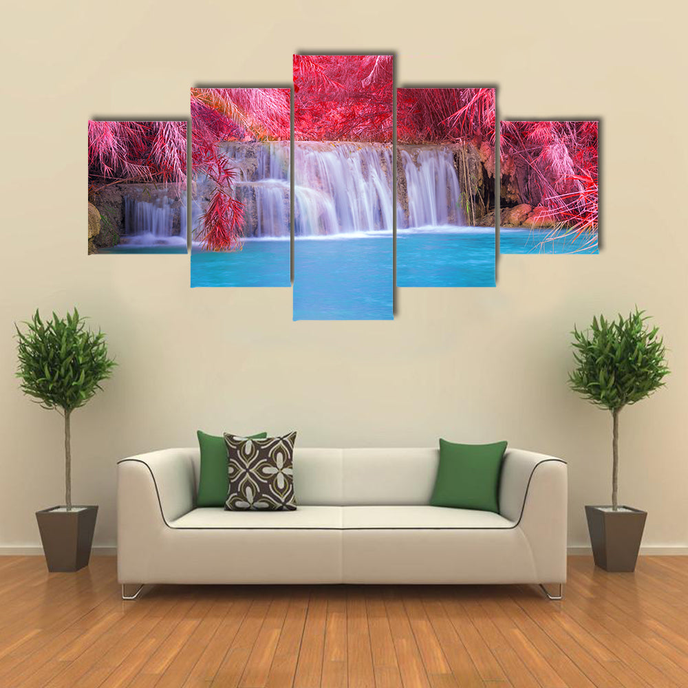 Rainfall On A Forest,Tat Kuang Si Waterfalls At Luang prabang, Laos Multi Panel Canvas Wall Art