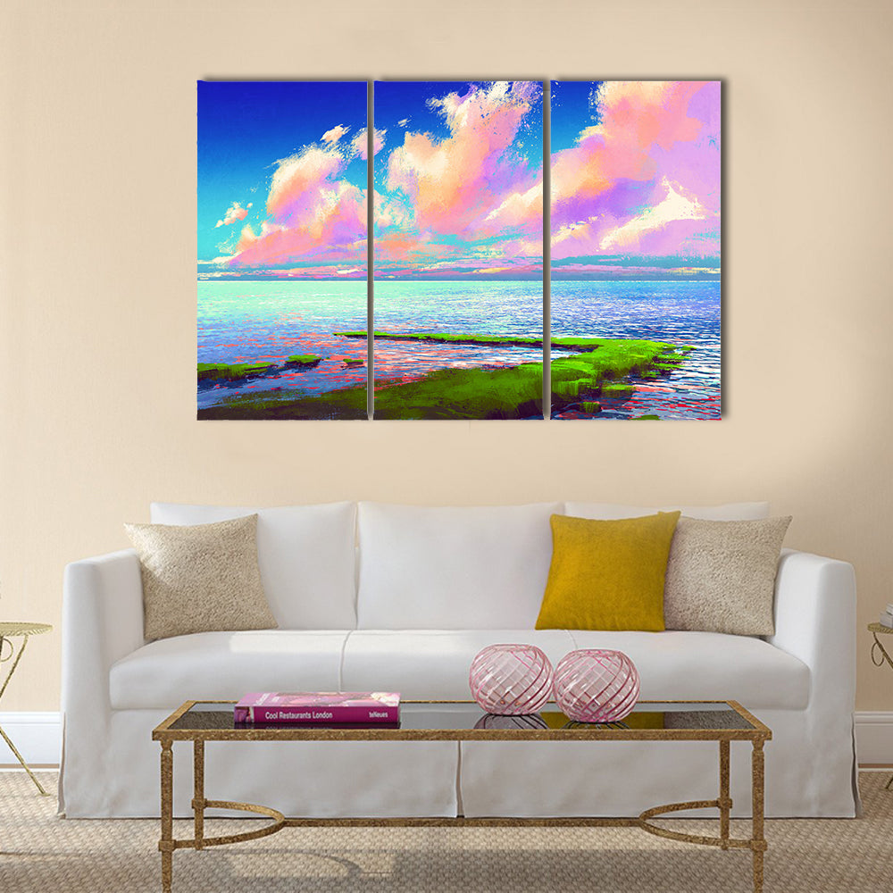 Beautiful sea under colorful sky,landscape painting Multi Panel Canvas Wall Art