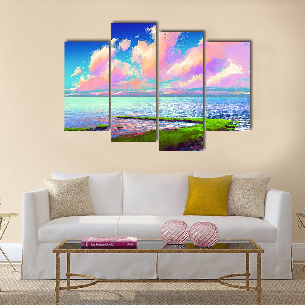 Beautiful sea under colorful sky,landscape painting Multi Panel Canvas Wall Art