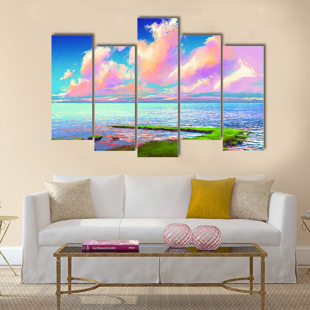 Beautiful sea under colorful sky,landscape painting Multi Panel Canvas Wall Art