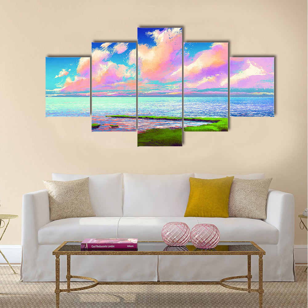 Beautiful sea under colorful sky,landscape painting Multi Panel Canvas Wall Art