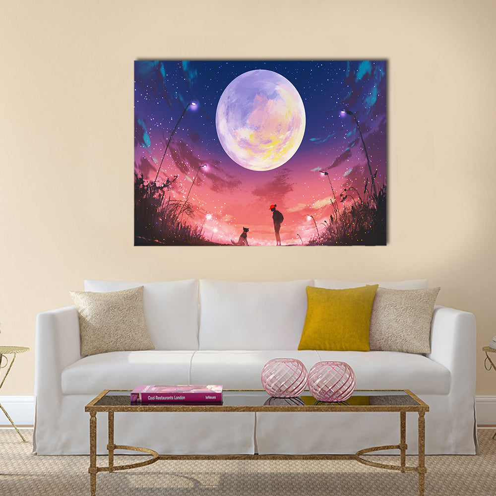 Young woman with dog at beautiful night with huge moon above Multi Panel Canvas Wall Art