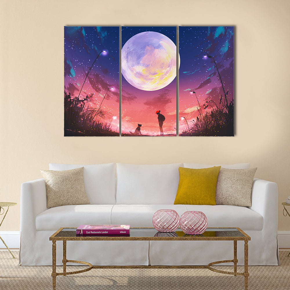 Young woman with dog at beautiful night with huge moon above Multi Panel Canvas Wall Art