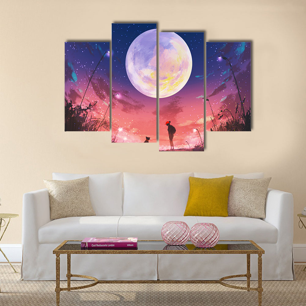 Young woman with dog at beautiful night with huge moon above Multi Panel Canvas Wall Art