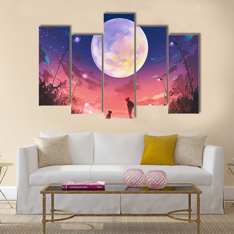 Young woman with dog at beautiful night with huge moon above Multi Panel Canvas Wall Art
