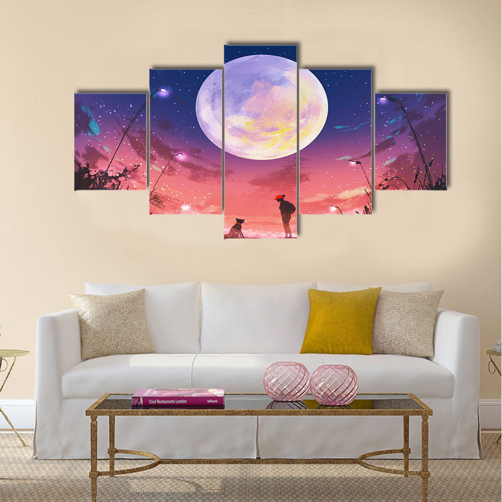 Young woman with dog at beautiful night with huge moon above Multi Panel Canvas Wall Art