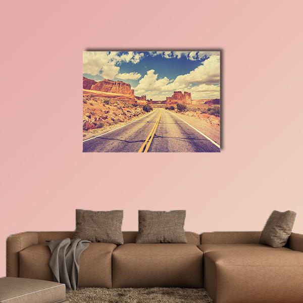 Vintage retro stylized scenic desert road, USA multi panel canvas wall art