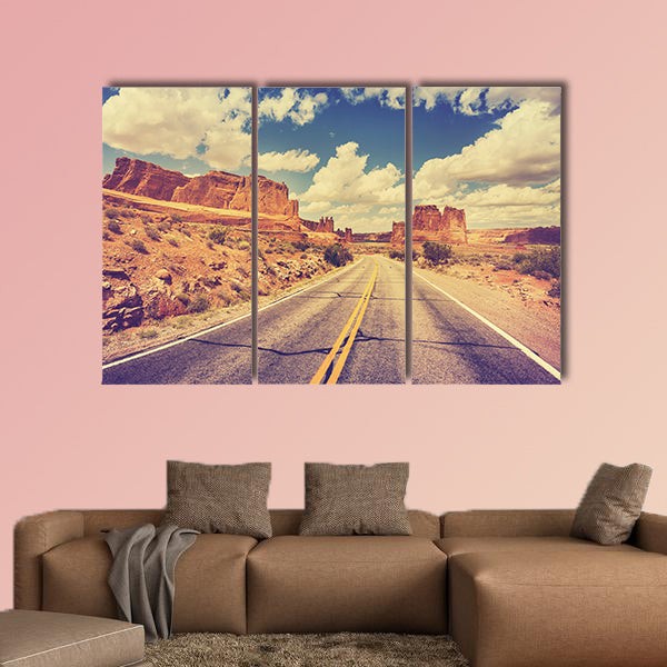 Vintage retro stylized scenic desert road, USA multi panel canvas wall art