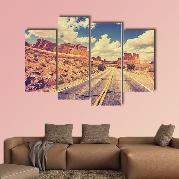 Vintage retro stylized scenic desert road, USA multi panel canvas wall art