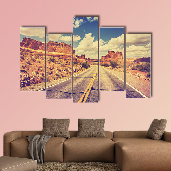 Vintage retro stylized scenic desert road, USA multi panel canvas wall art