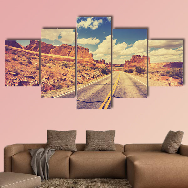 Vintage retro stylized scenic desert road, USA multi panel canvas wall art
