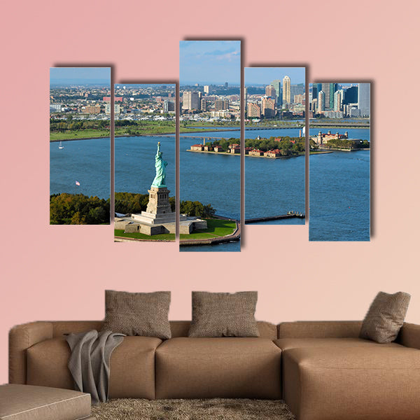 An aerial view from a helicopter of the Statue in New York multi panel canvas wall art
