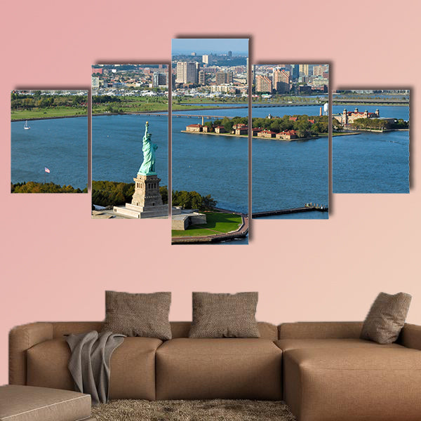 An aerial view from a helicopter of the Statue in New York multi panel canvas wall art