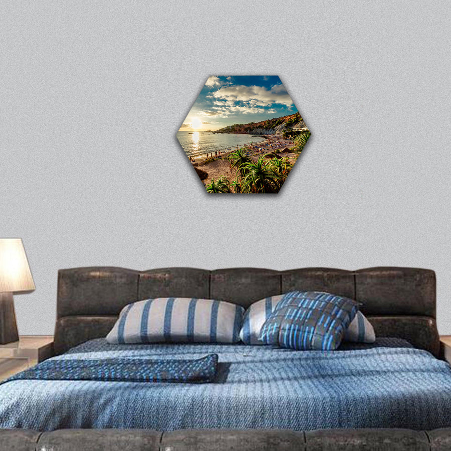 Cala d'Hort Beach at sunset. Balearic Islands hexagonal canvas wall art