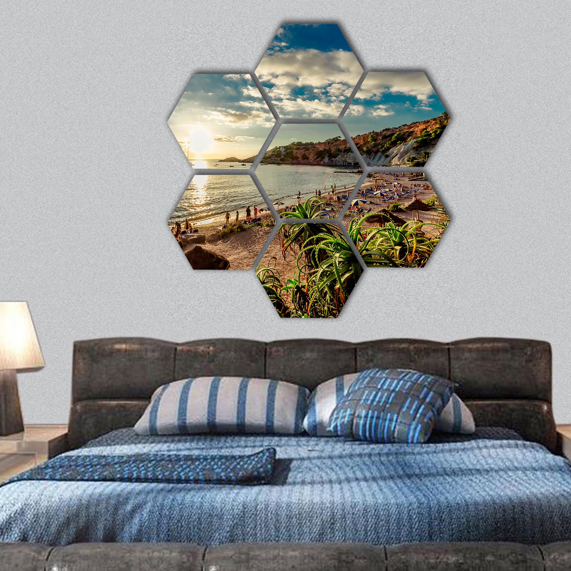 Cala d'Hort Beach at sunset. Balearic Islands hexagonal canvas wall art