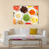 Different products of saucers on wooden table, top view, Multi panel canvas wall art