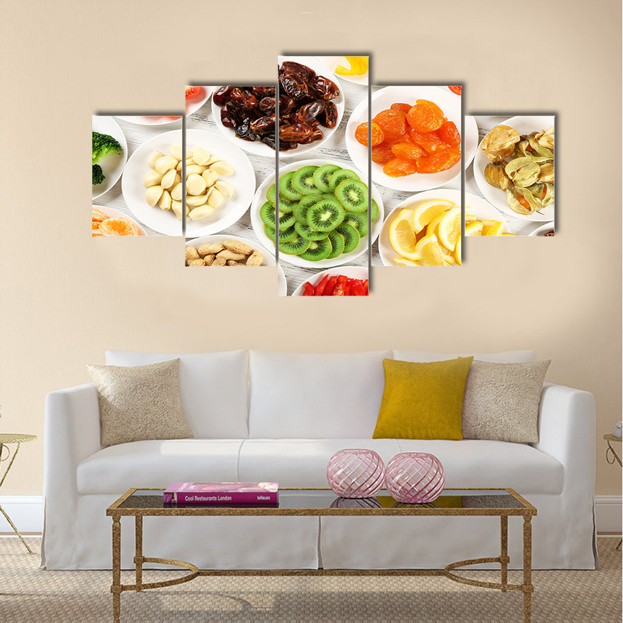 Different products of saucers on wooden table, top view, Multi panel canvas wall art