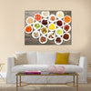 Different products on saucers on wooden table, top view, Multi panel canvas wall art