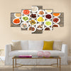 Different products on saucers on wooden table, top view, Multi panel canvas wall art