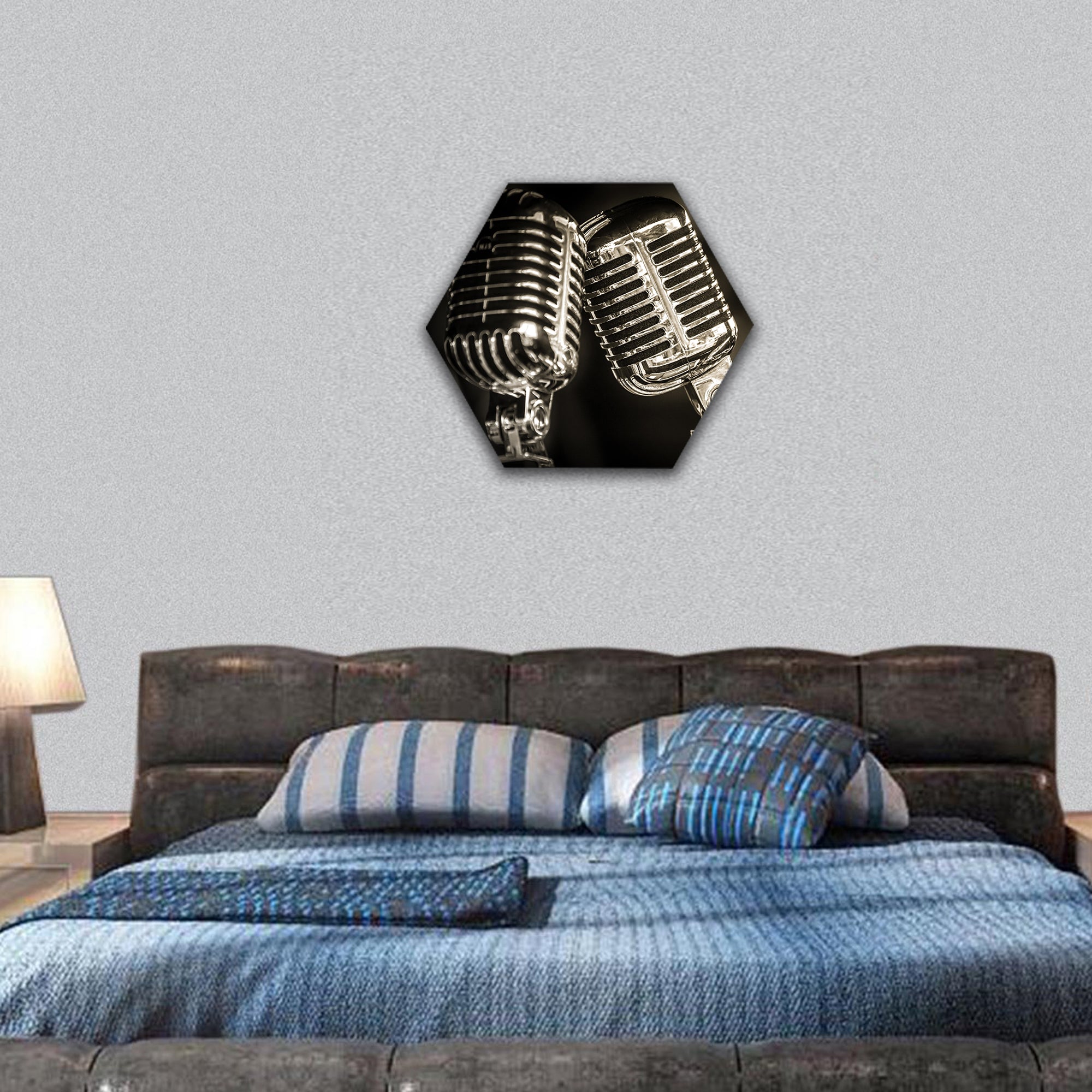 chromed retro recording studio microphones hexagonal canvas wall art