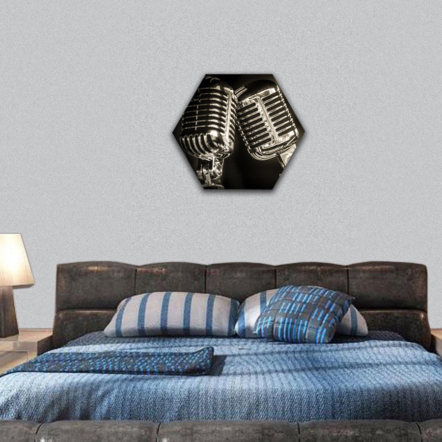 chromed retro recording studio microphones hexagonal canvas wall art